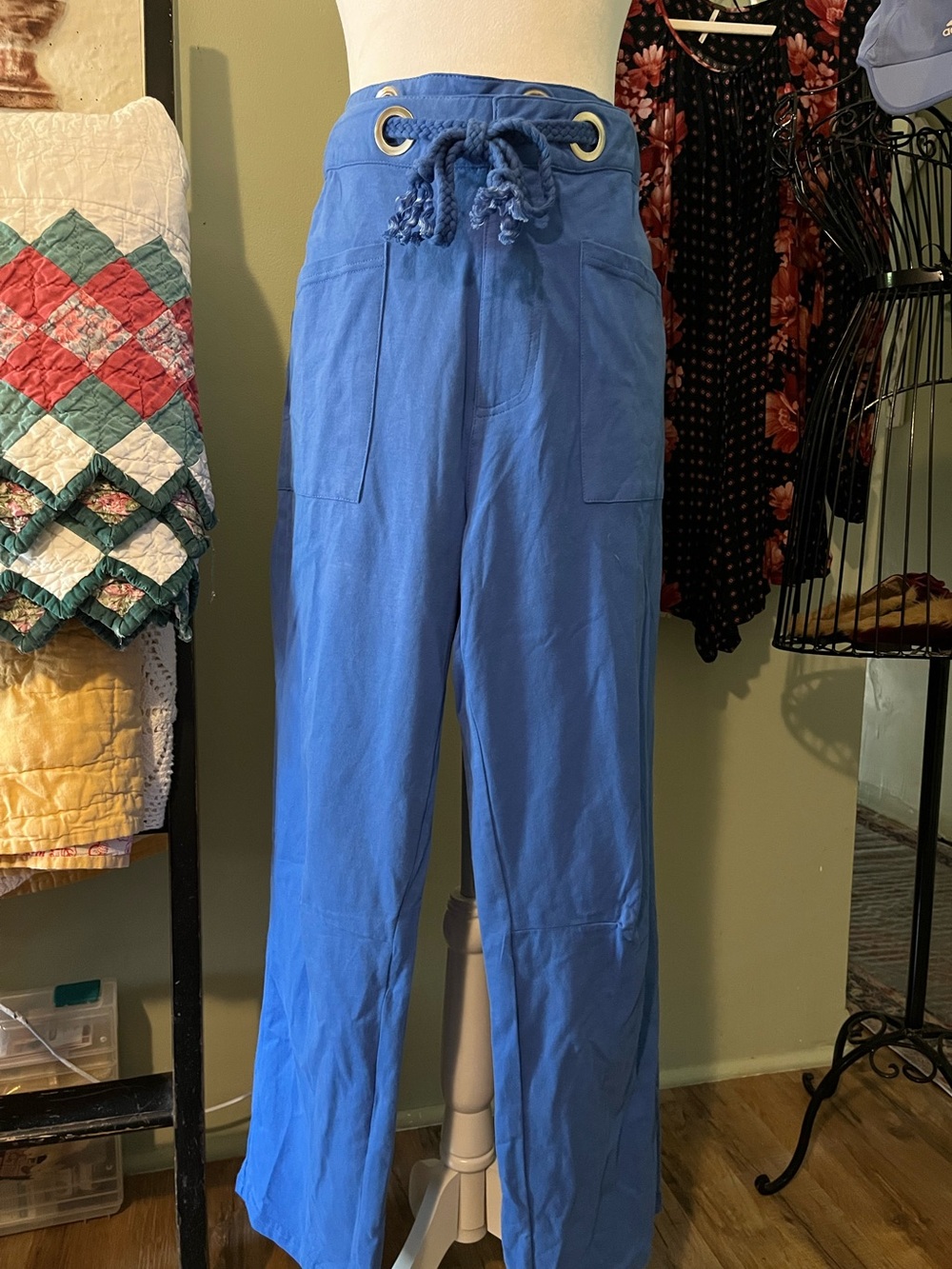 High-Waist Rope-Tie Blue Casual Pants